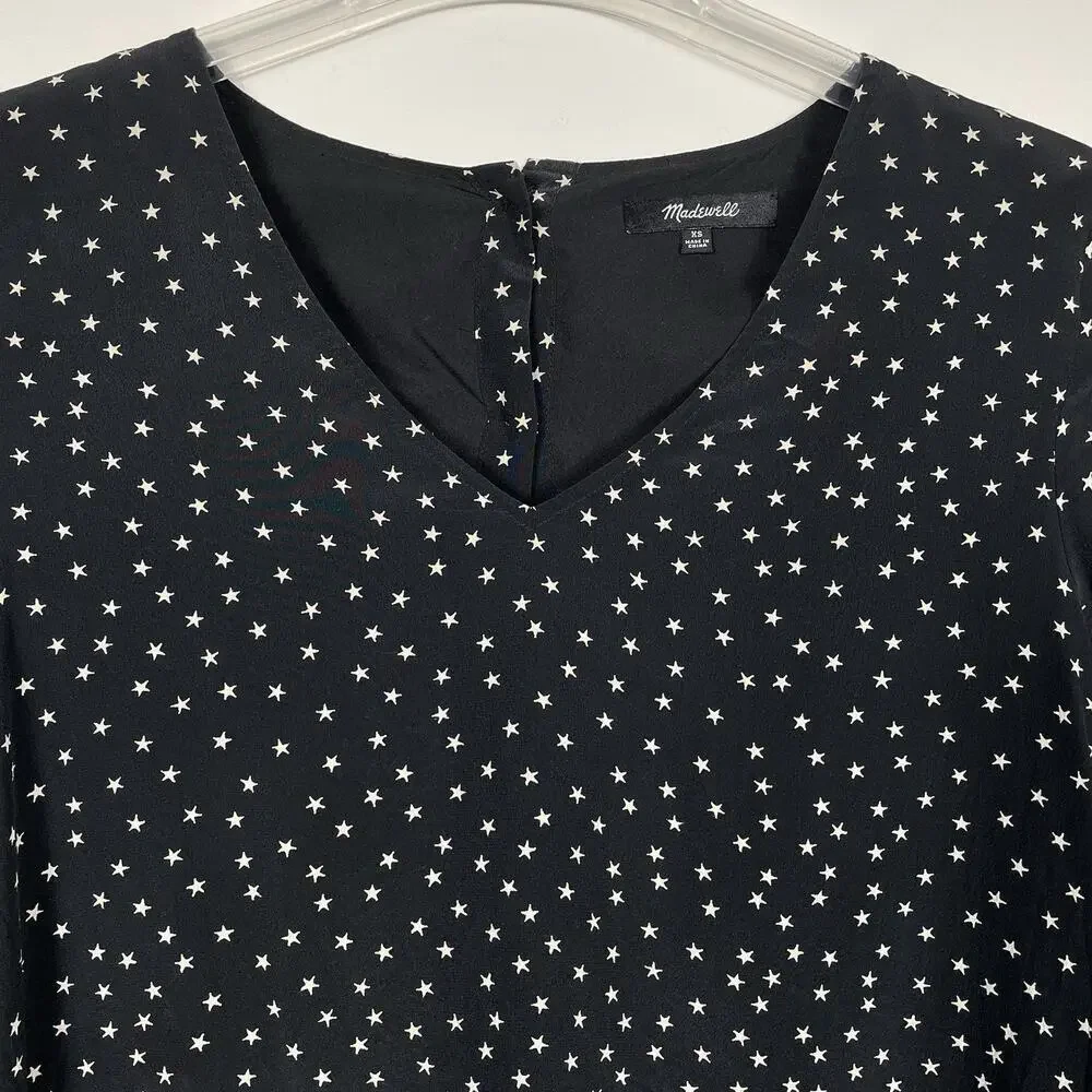 Madewell 100% Silk Swing Dress Size XS Black Star Print Holiday Party Career - Picture 4 of 12